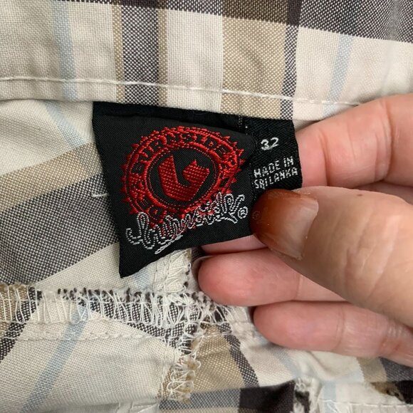 Burnside Flat Front Chino Shorts 32 Beige Plaid 5 Pocket Button Zip Belt Loops - Picture 5 of 5